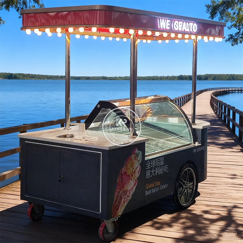 

Vending Cart Push Coffee Bar Mobile Outdoor Dessert Cart Foldable Mobile Refrigerated Ice Cream Cart With Freezer