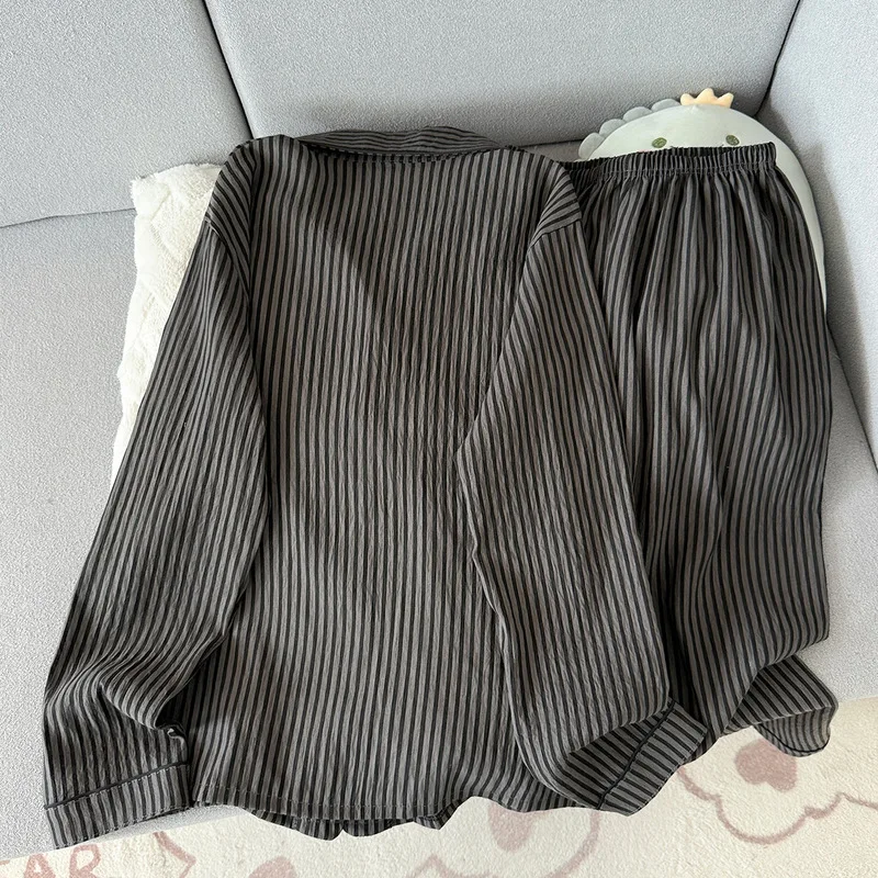 Spring and Autumn Women's Sleepwear Striped Long Sleeve Pants Flip Collar Cardigan Set Loose Casual Home Clothes 2-piece Set