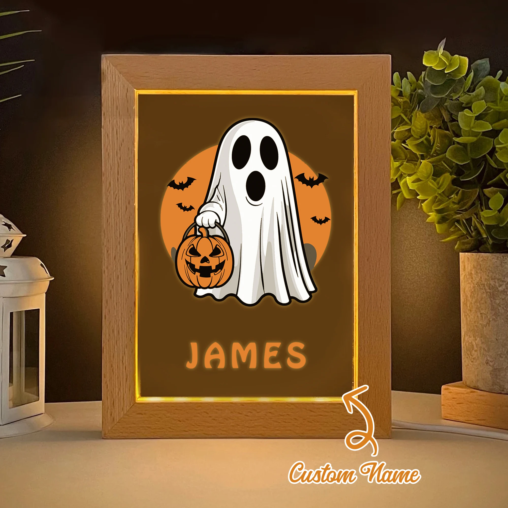 2D плоское индивидуальное имя призрак Джек-фонарь светодиодный акриловый ночник деревянная фоторамка 21x17 см подарки для спальни на Хэллоуин домашний декор