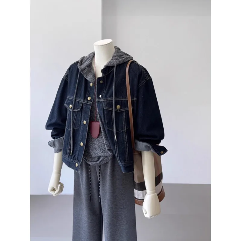 Damski płaszcz jeansowy Vintage Kurtki Kieszenie Jednorzędowy Stójka Postarzany Sprany Streetwear Jesienna Odzież Wierzchnia 2025