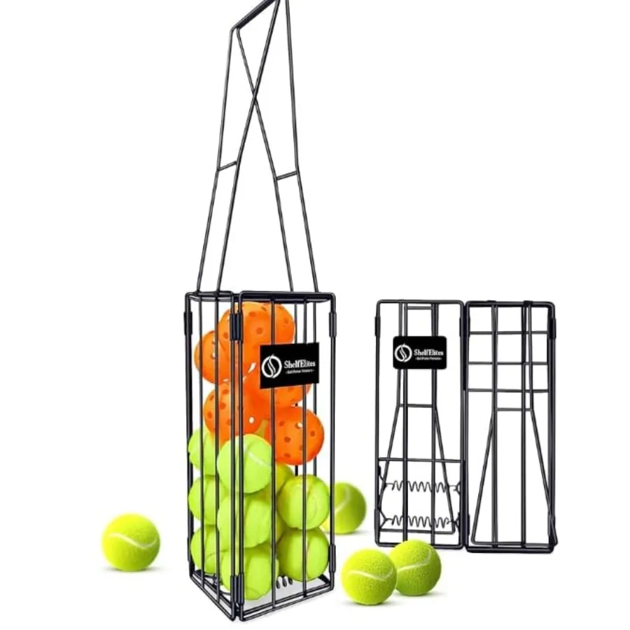 

Foldable Tennis Ball Hopper - Collapsible Design Holds 25 Tennis or 16 Pickleballs Dual Spring Pickup No Assembly Portable Bask