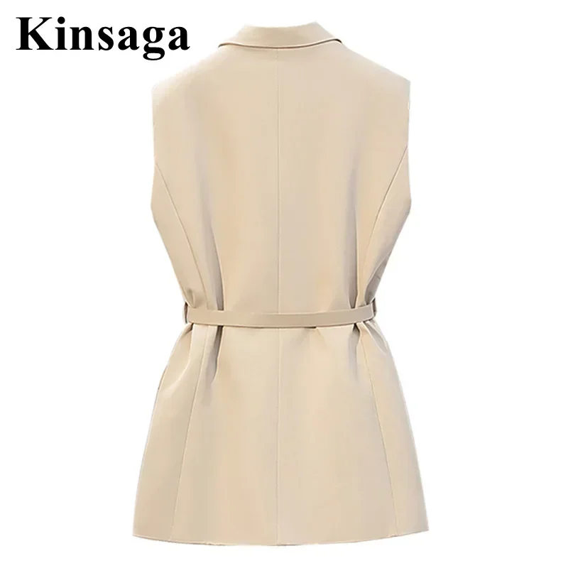 Women Street Blazer Vest Lapel Collar Sleeveless Cardigan Coat Belted Waistcoat Outwear Office Lady Workwear Korean Style Outfit