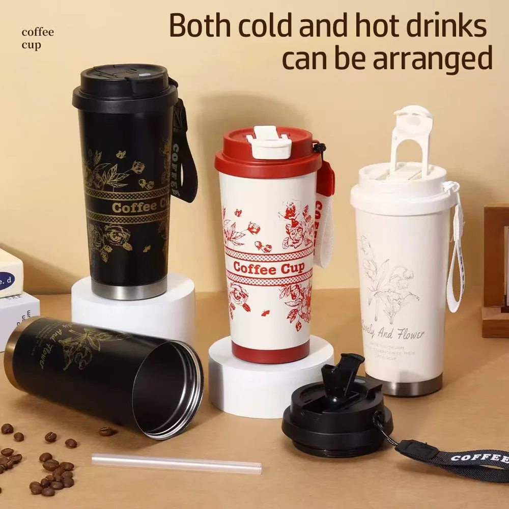 Cute Double Sipping Insulated Coffee Mug 316 Steel Thermal Cup with Straw Portable Travel Tumbler for Girls Car Office Outdoor