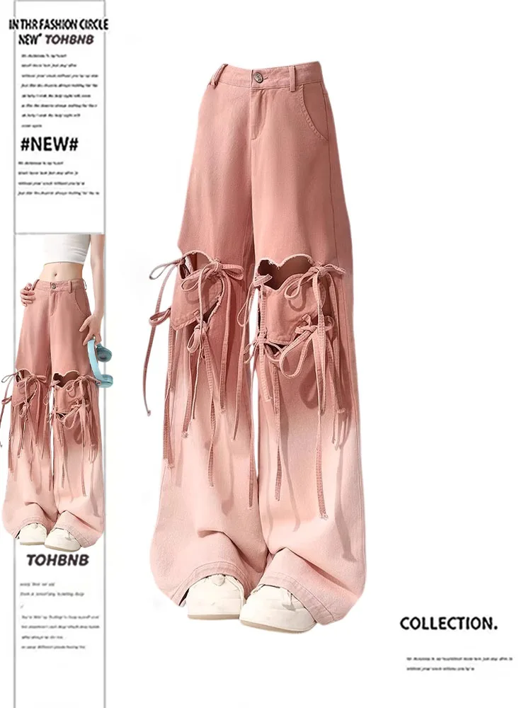 Jean en Denim pour femmes, grande taille, trou en cœur ajouré, jambes larges, longueur au sol, pantalon amincissant, coupe ample, taille haute, printemps