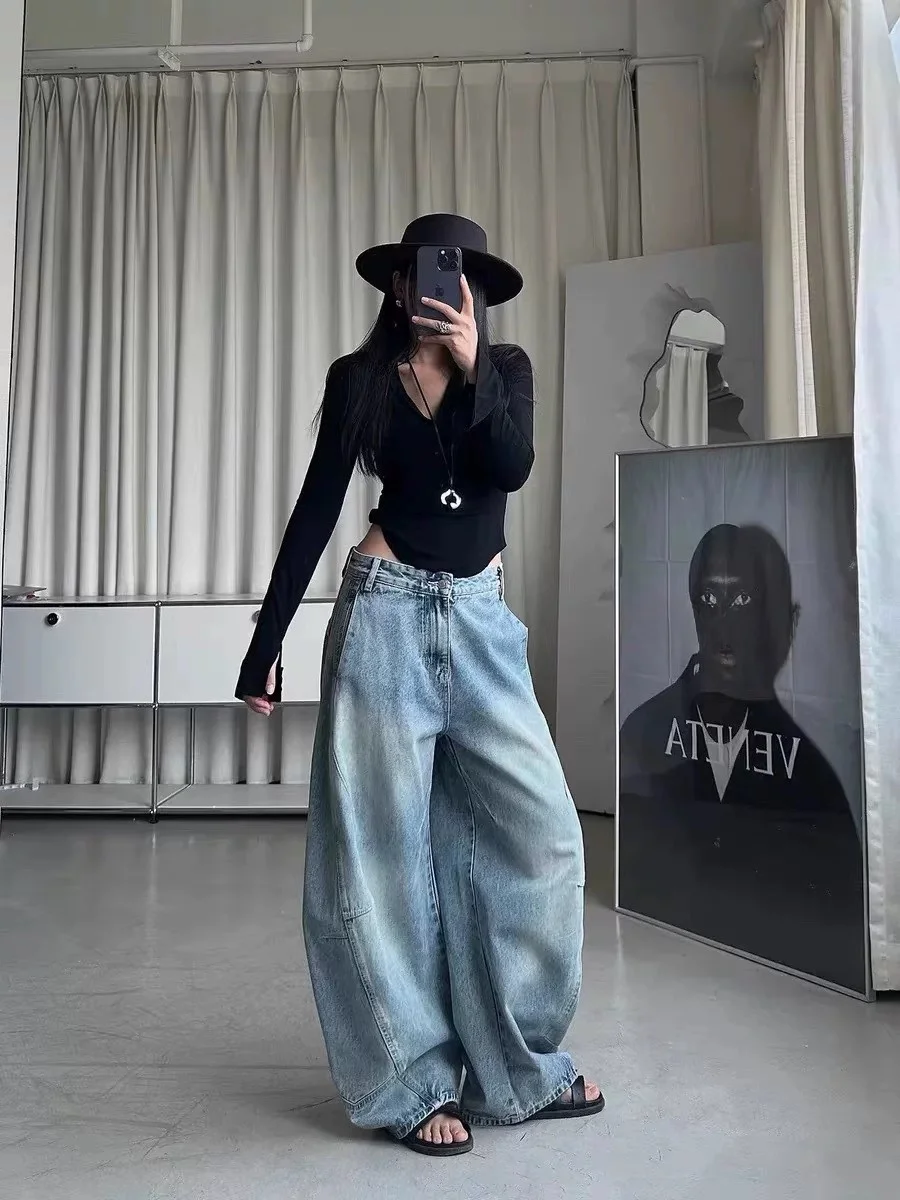 

Синие винтажные женские джинсы с завышенной талией, свободный крой, широкие брюки длиной до пола, весенне-осенний эффект похудения