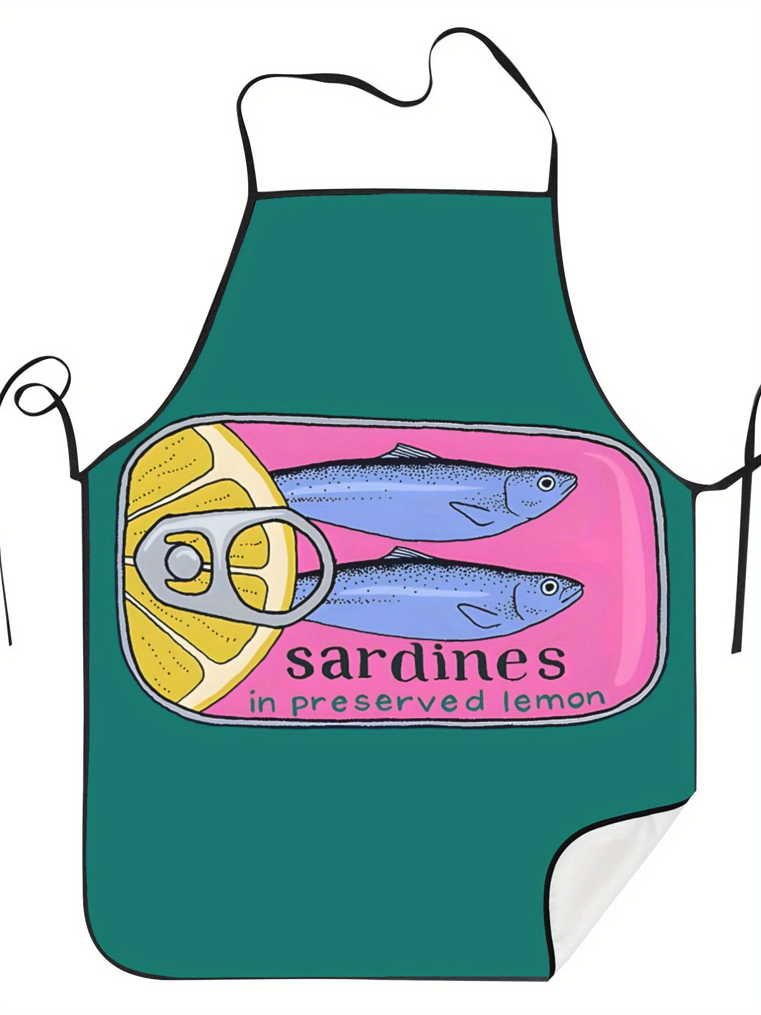 Delantal de cocina de diseño creativo de sardinas - Estilo retro verde azulado y sardina rosa puede imprimir con texto "en limón conservado"