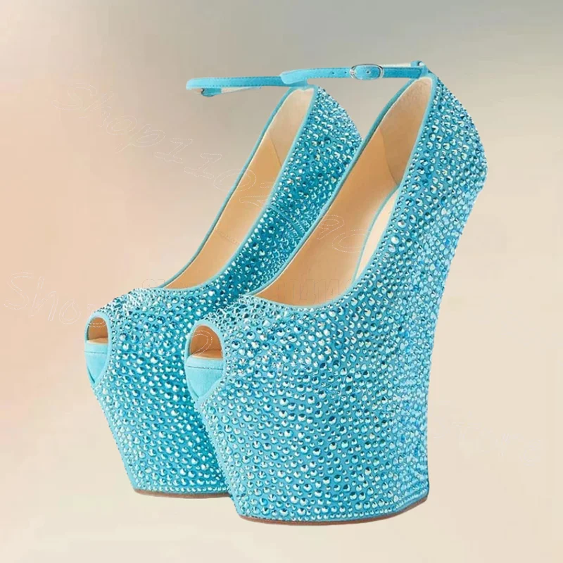 

Blue Rhinestone Strange Style Heels Platform Sandals Buckle Strap Women Shoes New Party Banquet Dating 2025 Zapatos Para Mujere