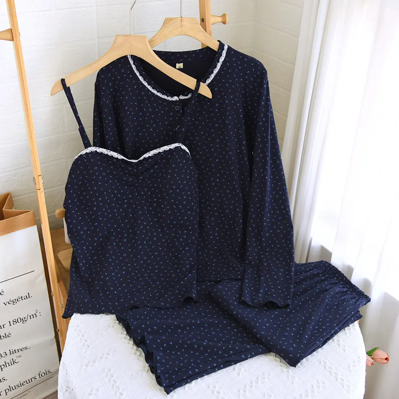 

Korean Pajamas Women Cotton Sexy Sling Top Long Sleeve Shirt Pant Set Casual Sleepwear Pijama Female Three Pieces Suit Homewear