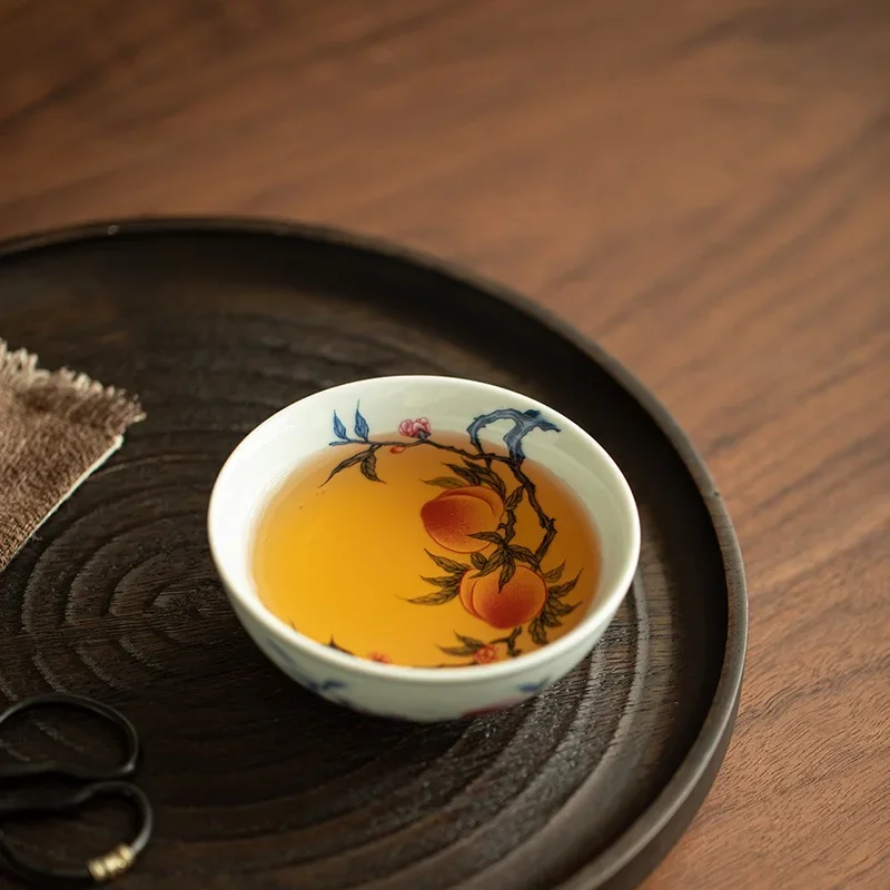 90ML Jingdezhen Pastel Nine Peach Antique Celadon Teacup Master Cup Pu'er Cup Open Cup Ceramic TeaSet Kung Fu Teacup Collection