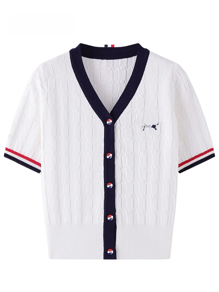 

JZZDEMM Women's ort Sve Open Cardigan Embroidered Dog Pattern Korean Striped Color Blo Knitted Vest Vintage Sle