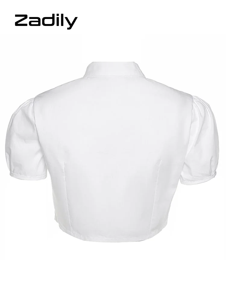 Dignily-Chemise blanche sexy pour femme, col montant, bouton, manches courtes, chemisier court mince, nouvelle fête d'été, vêtements féminins Y2K, 2022