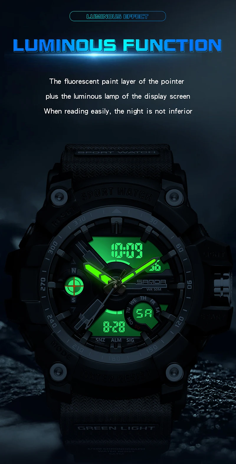 SANDA 3179 Digital Mens Military Watch 50M Waterproof Watch Dual Display Quartz Sports Watch For Men Luminous