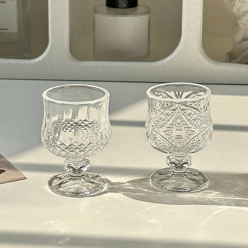 Korean Style Engraved Embossed Small Goblet Glass Cup For Soju Sake Liquor Short Stemmed Glass