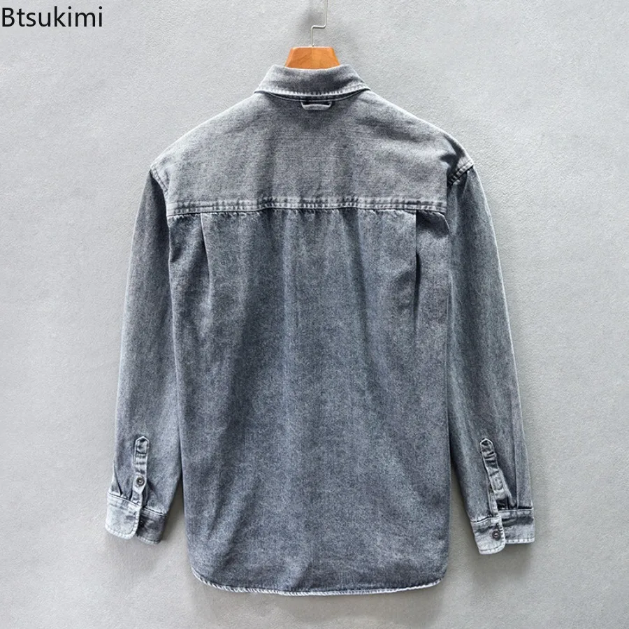 Japanese Style Men's Denim Shirts Spring Autumn Retro Loose Long Sleeve Shirt Jacket Fashion Streetwear Male Casual Cotton Shirt
