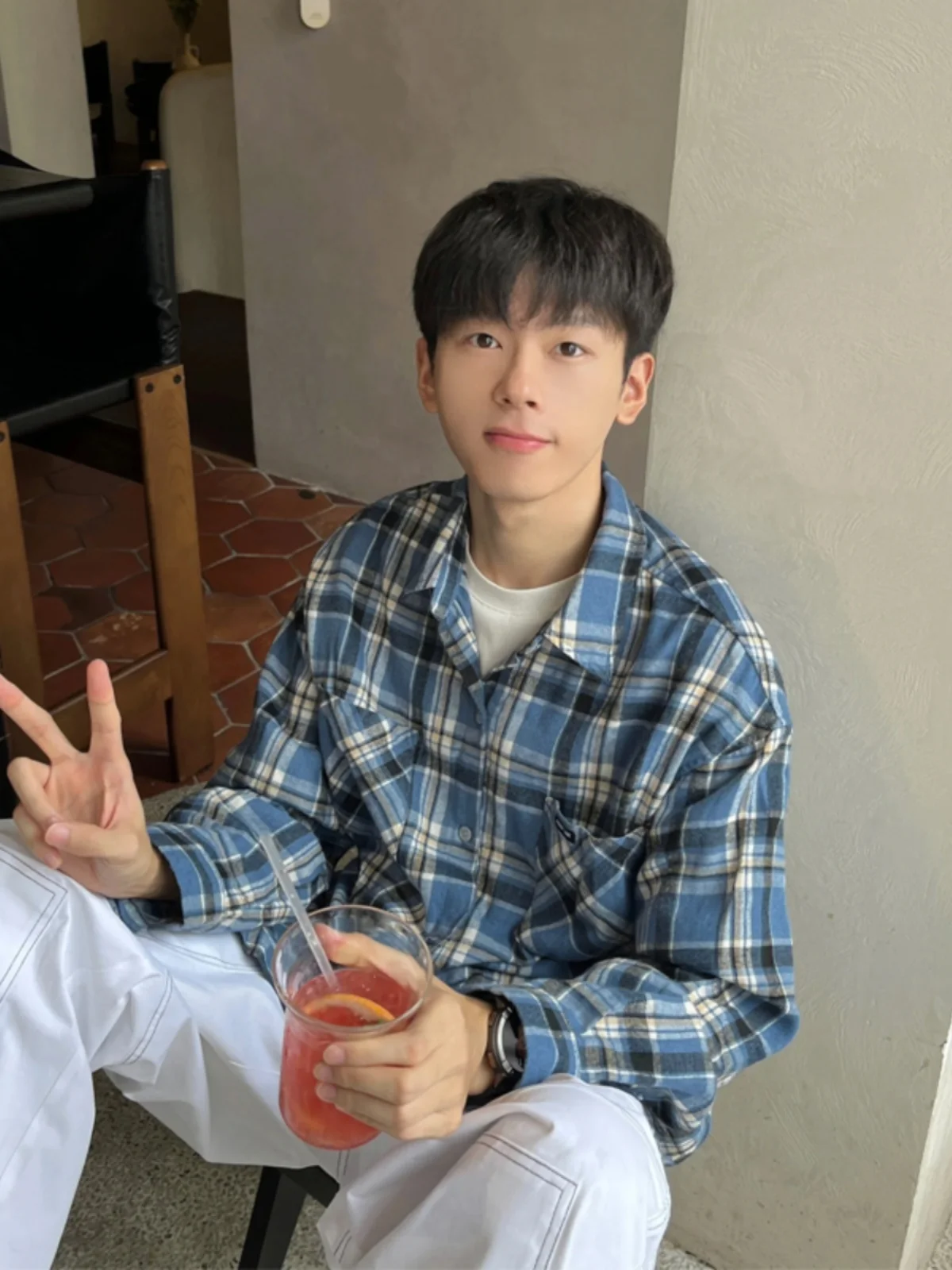 

Blue Plaid Long Sleeve Men's Shirt Vintage Autumn New Style Base Layer Trendy High-End Feeling Outerwear Casual Loose Fit