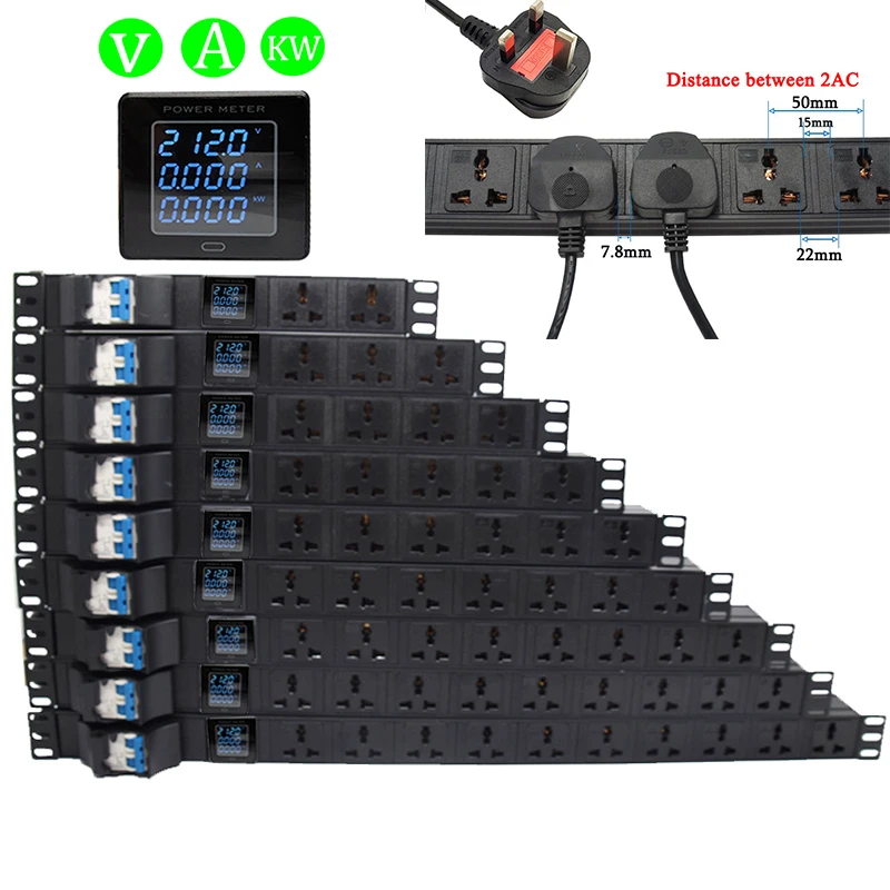 Network Cabinet Rack Mount Metal Power Strip Power Distribution Unit 2-10 Outelts with Ampere/Volt/Watt Digital Display Meter