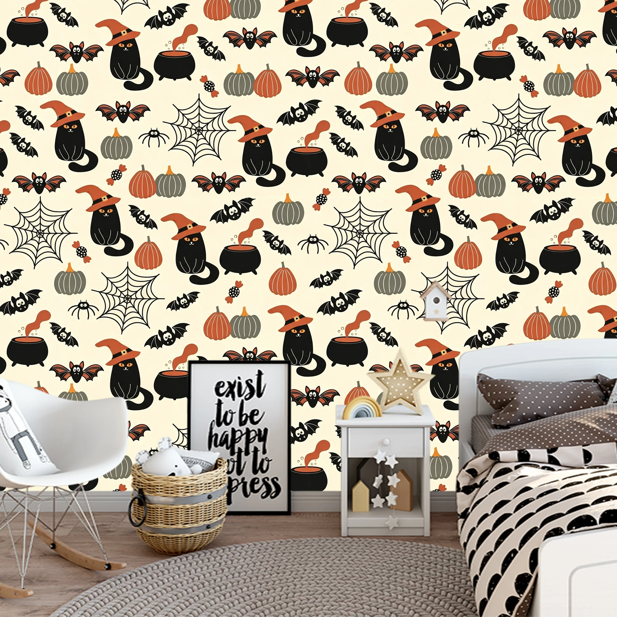 Halloween Peel and Stick Wallpaper Pumpkin Black Cat Bat Castle Pattern Self‑Adhesive Removable Wall Mural Home Party Decor