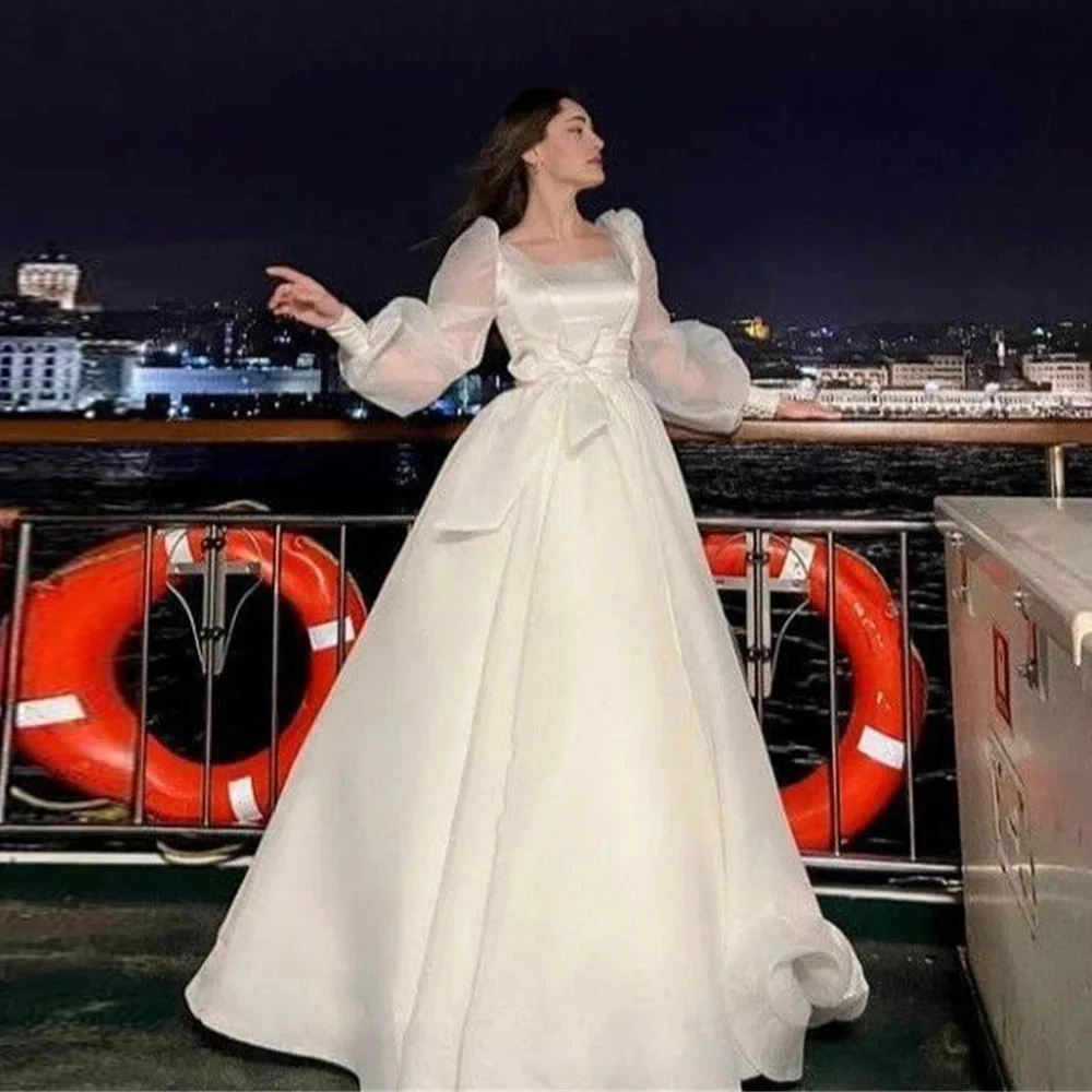 

Customized White Satin Evening Gown Square Collar See-through Puff Sleeves A-line Bow Floor length Wedding Pageant Dress
