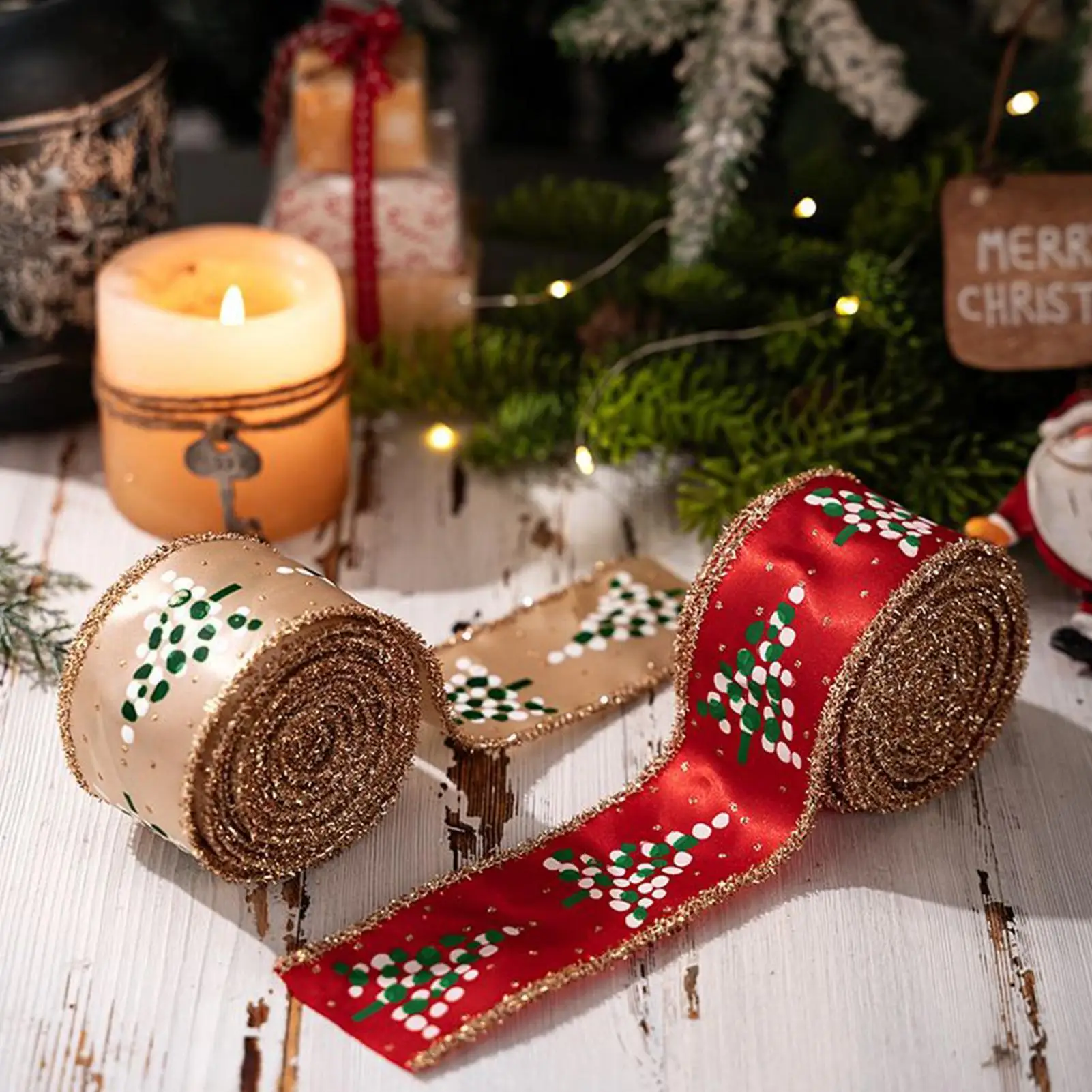 

Christmas Wired Ribbon 2 Rolls Burlap Wired Edge Garland Decor Holiday Crafts Wrapping Ribbon For Party Stairs Window Garden