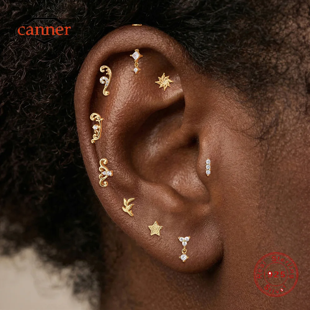 

CANNER 1PC 925 Sterling Silver Geometric Smooth Flower Leaf Thread Flat Back Ear Bone For Women Ins Pentagram Earring Jewelry