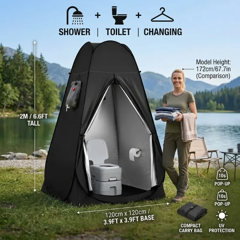 2M High Pop Up Portable Outdoor Shower Tents Camping Toilet Privacy Changing Room Beach Fishing Bathing Shelter Black Extra Tall