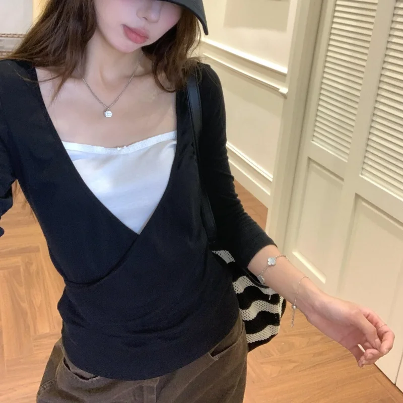 Damen Farbblock-Oberteil mit Langen Ärmeln in Schwarz, Einzigartiges Falsches Zweiteiler-Layering-Oberteil im Koreanischen Stil, Weiches Büro- und Freizeit-Top für den Herbst – Detail 12