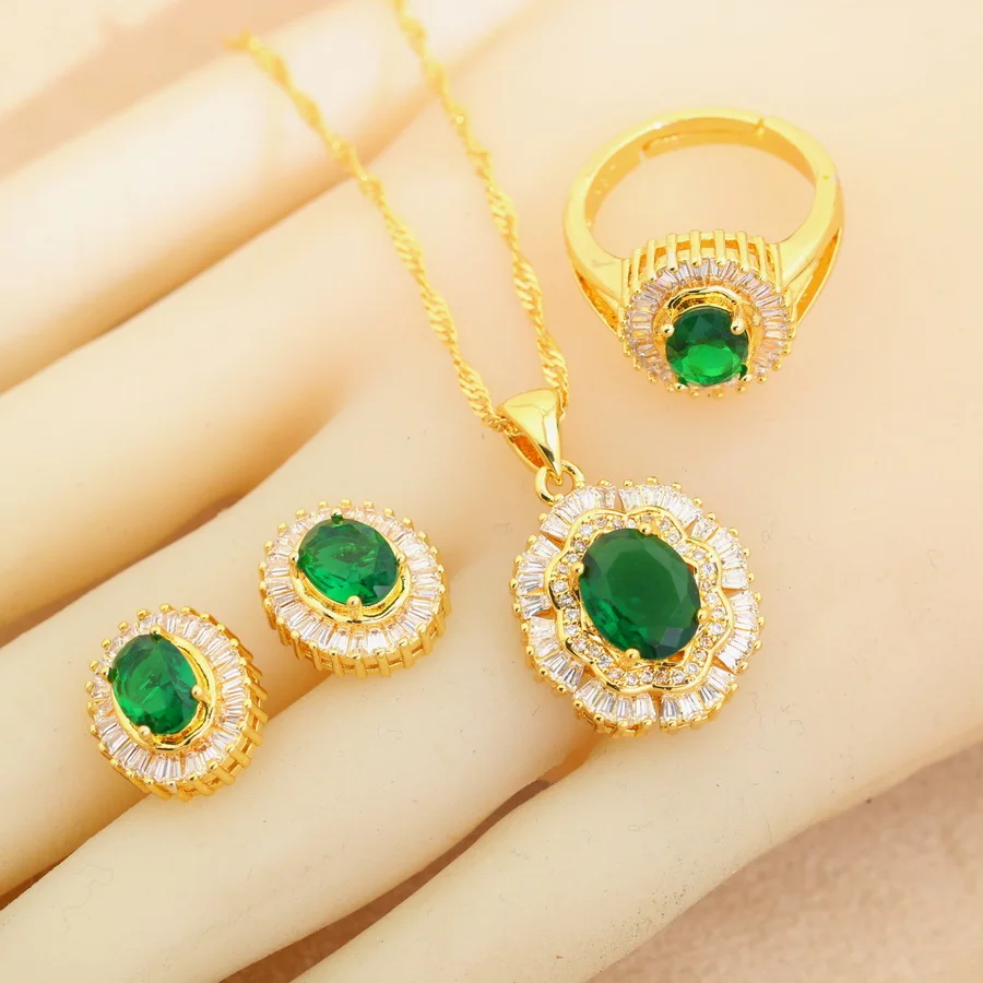 Amazing 18k Gold Plated Weding Jewelry Sets for Women Green Crystal Earrings Necklace Pendant Open Ring Party Gift