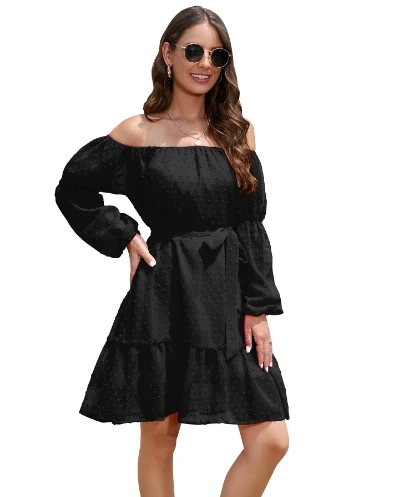 Women's Elegant Dress 2025 Autumn Winter Latest Sweet Long Sleeves One Shoulder Women Ball Chiffon Waxband Dress Short Skirt