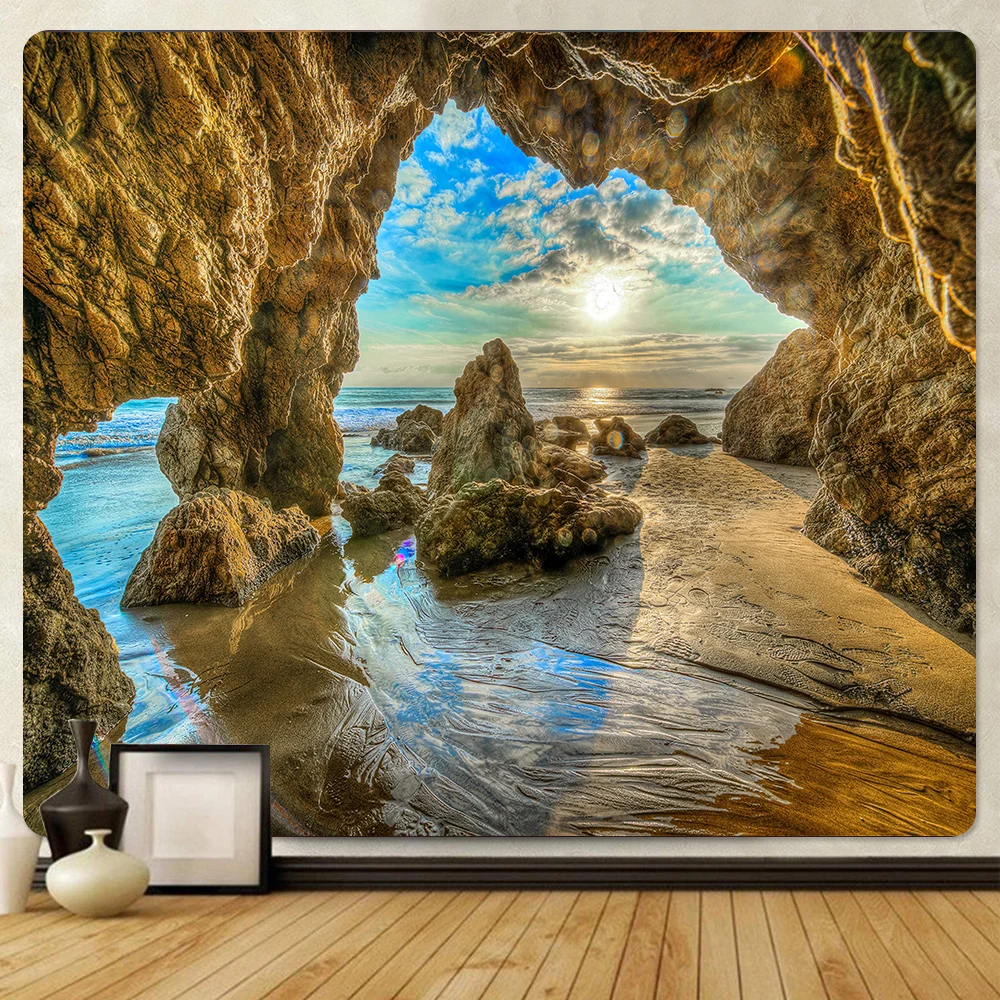 Seaside Scenery Cave Psychedelic Scene Home Decor Art Print Tapestry Hippie Bohemian Decoration Wall