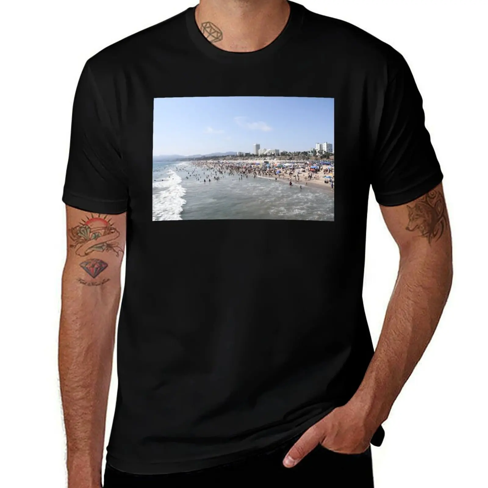 Santa Monica Beach T-Shirt Vintage Print Crew Neck Tee T-Shirt