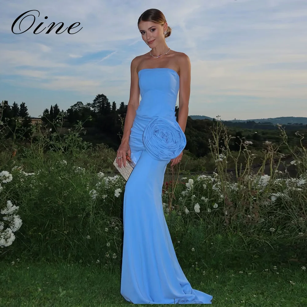 Oine Customized Blue Strapless Sleeveless Evening Dress 3D Flowers Mermaid Formal Wedding Party Gown 2026 robes de soirée