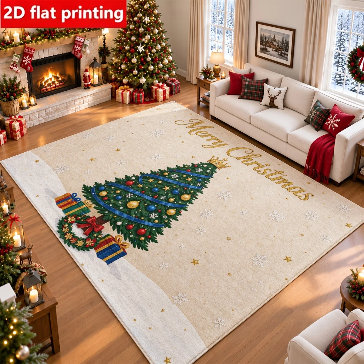 1pc 2D Flat Merry Christmas Christmas Tree Wreath Gift Box Snowflake Printed Floor Mat, Decorative Rug for Living Room, Bedroom