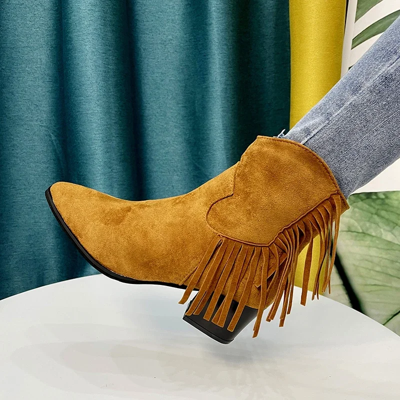 2024 Chelsea Boots Ankle Fringe Chunky Heels Western Cowboy Style Shoes Short Elegant Woman Heeled Punk Plus Size