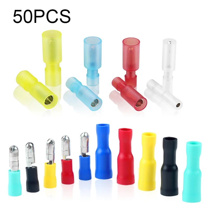 50Pcs Isolated Bullet Contacts Elelctric Terminals Crimp for Wire Connectors Terminator Butt Splice Electrical Cable Accessories
