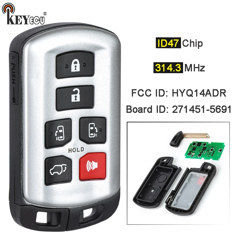 

KEYECU 314,3 МГц ID74 Чип FCC ID: HYQ14ADR 271451 -5691 6-кнопочный дистанционный брелок для входа без ключа для Toyota Sienna 2011-2020 гг.