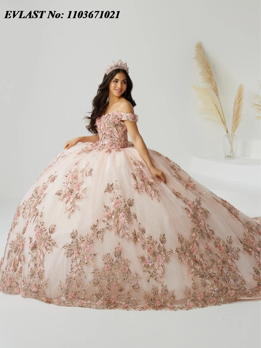 EVLAST Блестящее синее платье Quinceanera Бальное платье с открытыми плечами Кружевная аппликация из бисера Мексиканский корсет Sweet 16, Vestidos De XV Anos SQ332