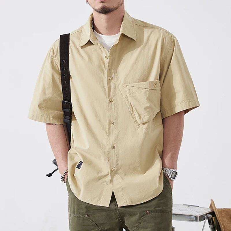 

Heavyweight Cotton Work irt Men's ort Sve Loose Fit Casual irt Summer New Sle Japanese Sle Khaki Color Casual irt