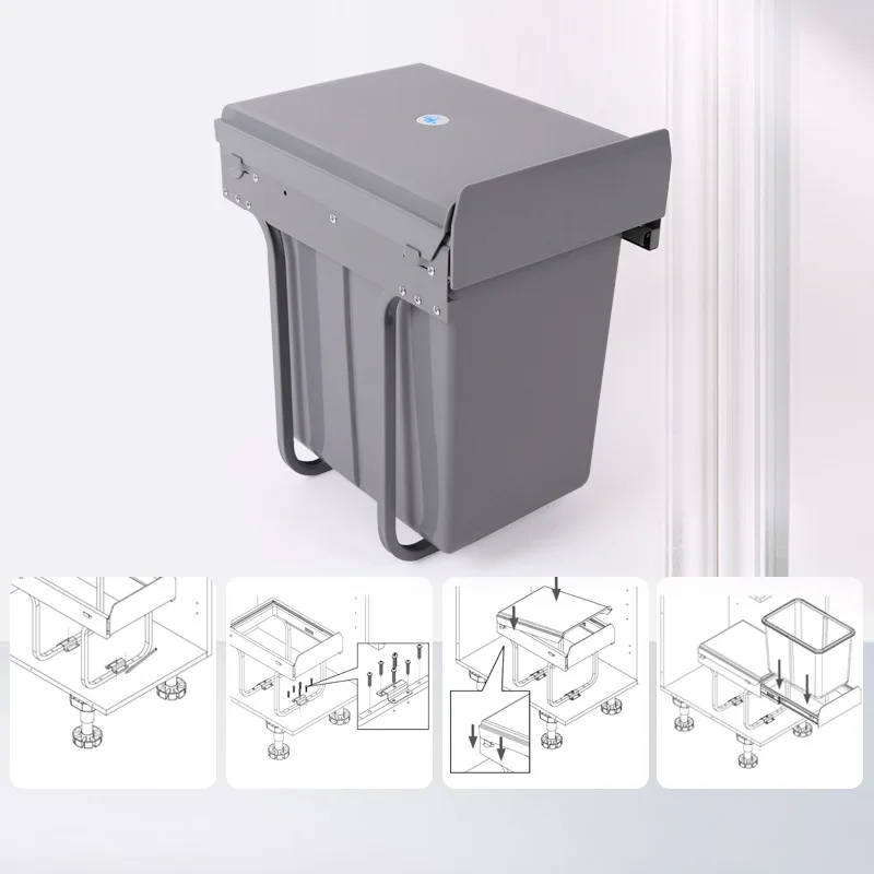 20L Built-in Kitchen Pull Out Trash Can, Retractable Rail Hidden Garbage Bin with Lid