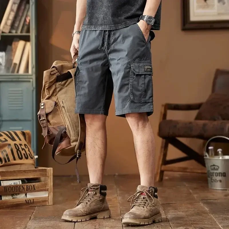 

Короткие брюки для мужчин Широкие длинные свободные однотонные бермуды с эластичной резинкой на талии Мужские шорты-карго Мешковатые с карманами Половина Харадзюку Хлопок Повседневная