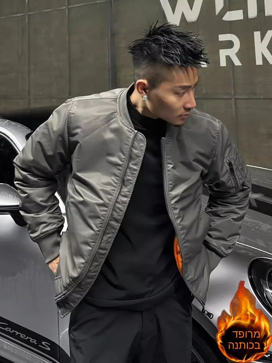 

Gray Pilot Jacket Thickened Cotton Men's Winter Warm Outerwear Bomber Style Casual Fashionable Youthful Long Sleeve Zipper