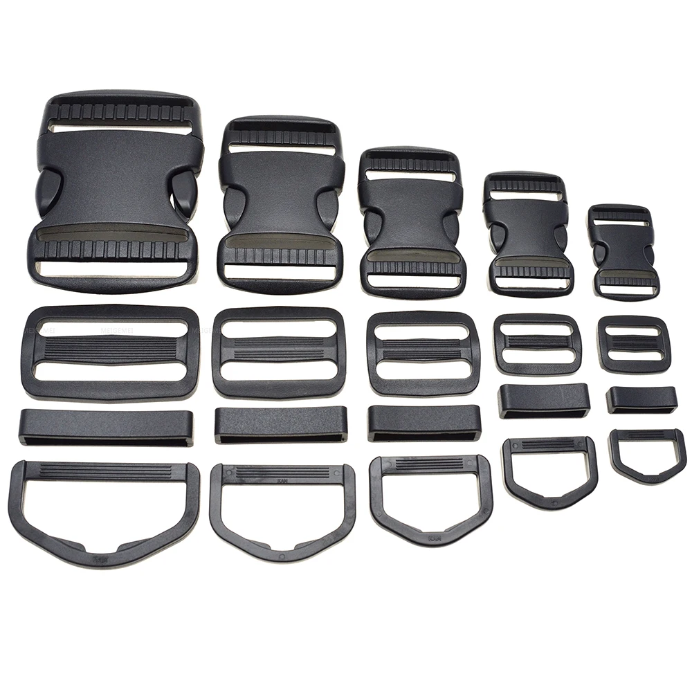 1 Set Kunststoff-Schnallen-Set, bestehend aus D-Ringen, Schnellverschlüssen mit seitlicher Freigabe, Tri-Glide-Schiebeclip und Gürtelschlaufenhalter, schwarz