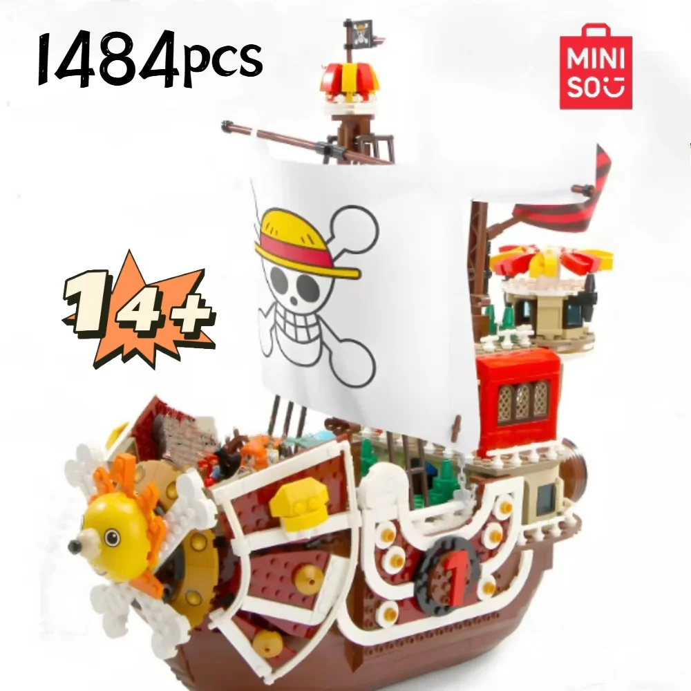 MINISO ONE PIECE 1484 Uds 9 Uds figura mil barco soleado bloques de construcción juego de ladrillos juguetes para niños cumpleaños regalos de navidad