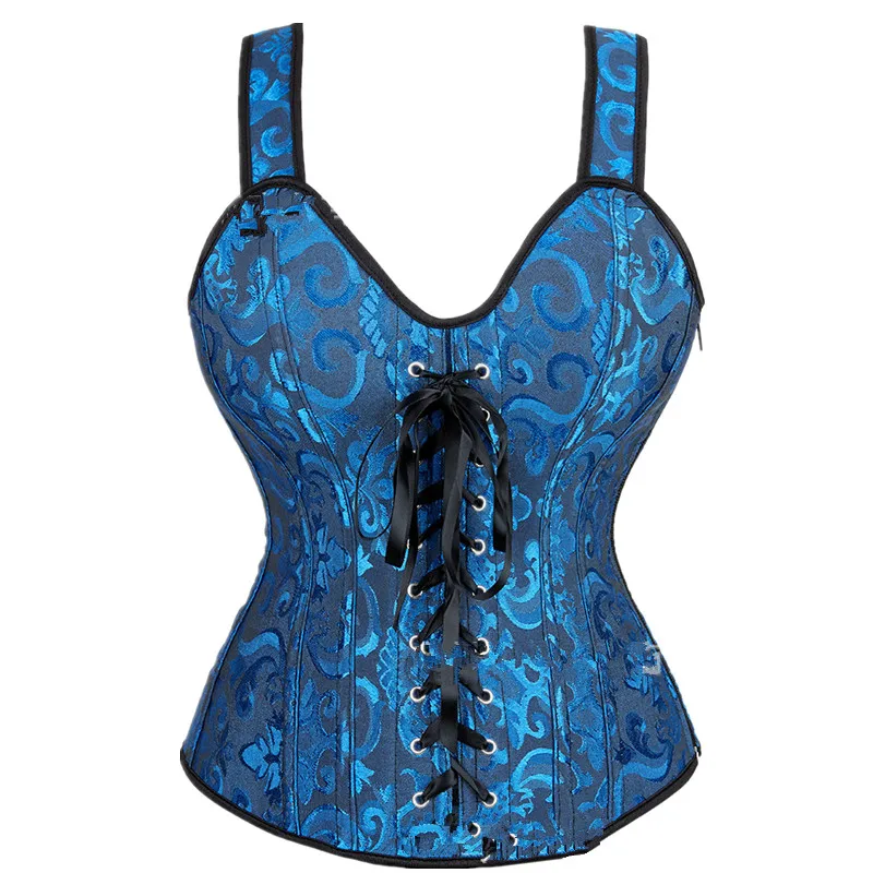 Sexy Women Steampunk Straps Overbust Corset Vintage Victorian Jacquard Floral Vest Bustier Lingerie