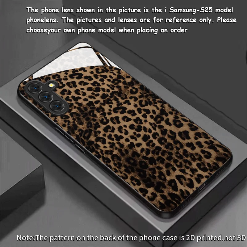 Classic black brown leopard print tempered glass phone case suitable for Samsung Galaxy S26 S25 S24 S22 S21 S20 FE/Ultra/Plus
