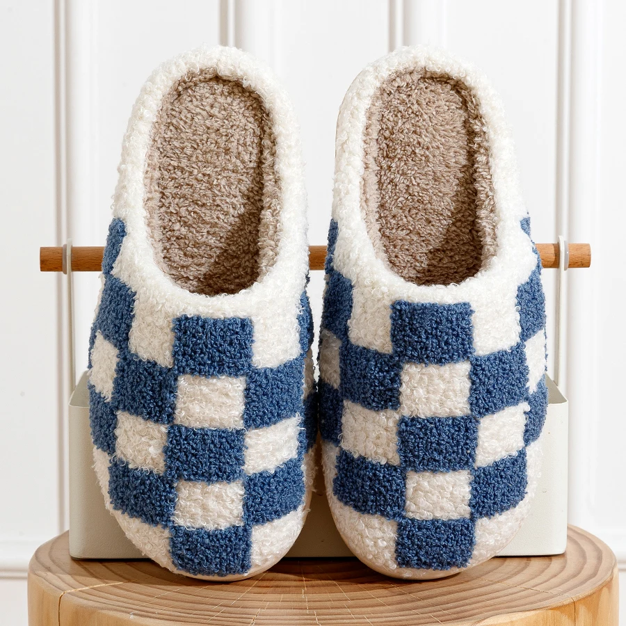 Fuzzy Women Men Slippers Fashion Checker Embroidery Houseshoes Cozy Fluffy House Retro Checkered Print Winter Home Shoes