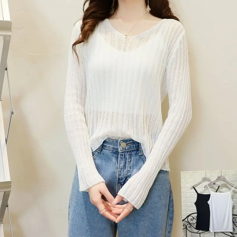 Spring Women Korean Solid Color V-neck Hollow Out Long Sleeves Sweater 2024 Loose Fashion Multicolor Affordable All-match Tops