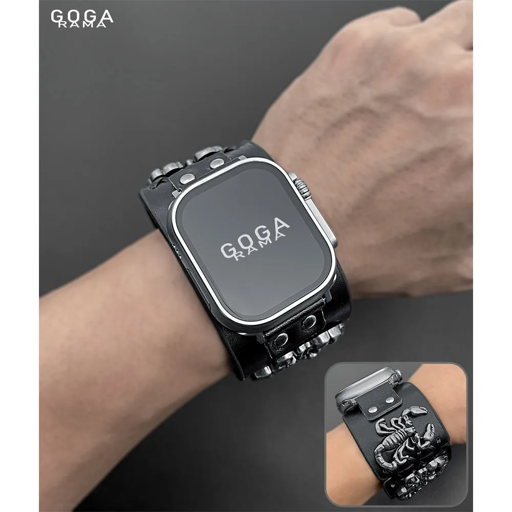 حزام ساعة جلد أسود على شكل عقرب معدني أنيق لساعة أبل 49 ملم 9 8 7 45 ملم 41 ملم لسلسلة IWatch 6 SE 5 4 44 ملم 40 ملم