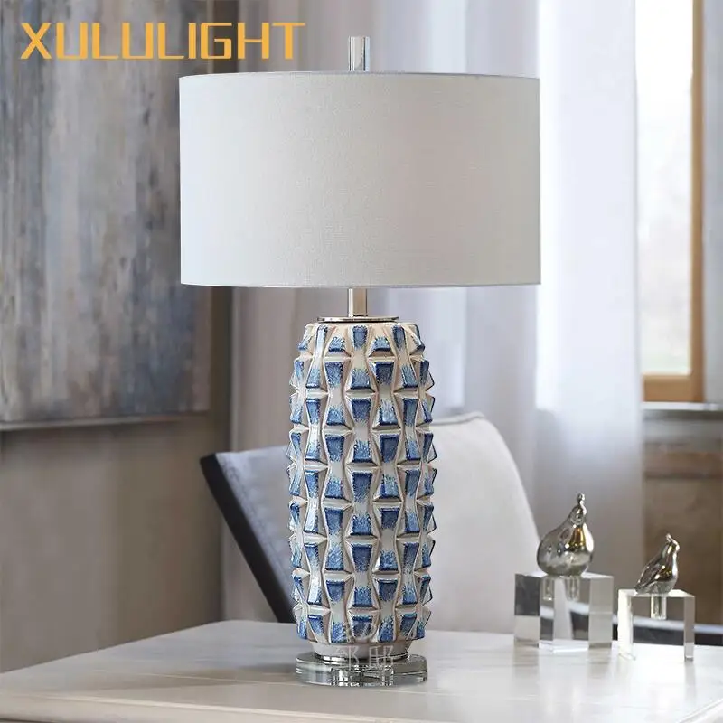 Blue Ceramic Table Lamp Large Prismatic Creative Living Room Lighting Decoration Simple Bedroom Bedside Table Crystal Ornaments