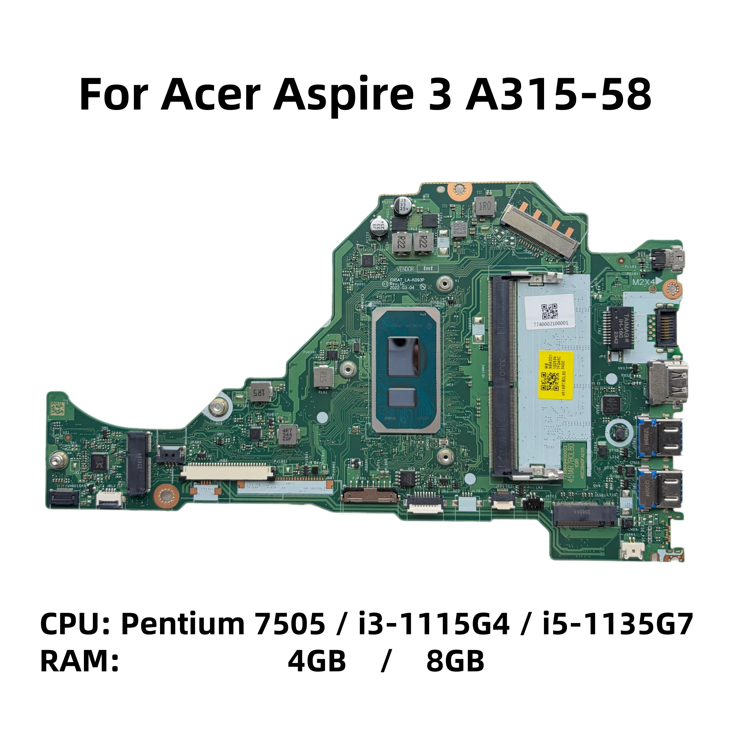 Placa-mãe para laptop Acer Aspire 3 A315-58, modelo FH5AT LA-K091P LA-K093P, com CPU 7505U i3-1115G4 i5-1135G7, DDR4 UMA, 4GB/8GB de RAM