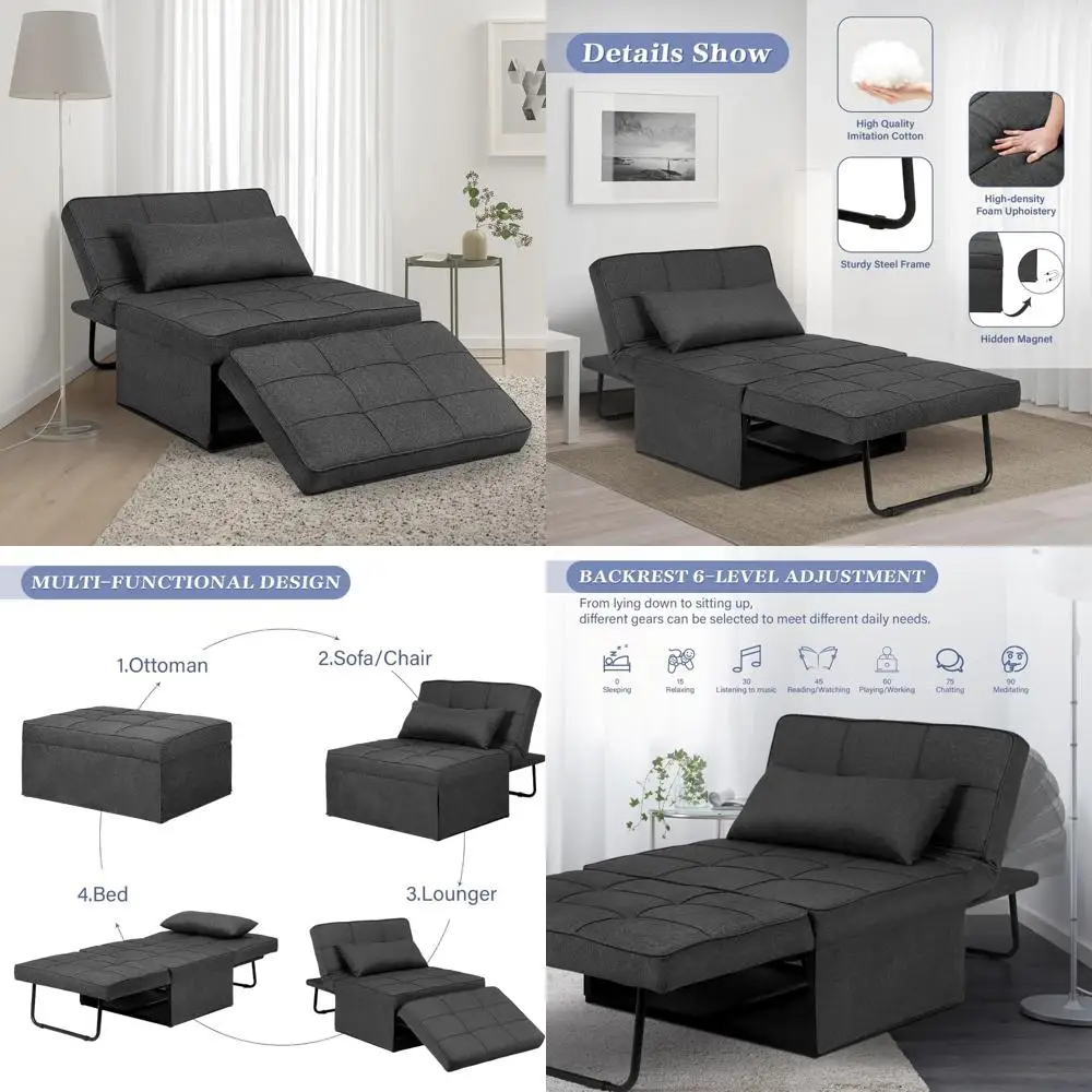 Multifunctional 4-in-1 Convertible Sleeper Sofa with Ottoman, Breathable Linen Fabric, Adjustable Backrest for Comfortable Seati
